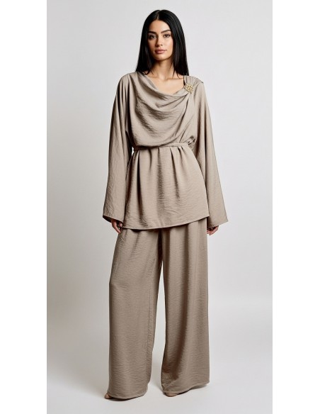 Ensemble drapé sari mastour beige taupe  - 1