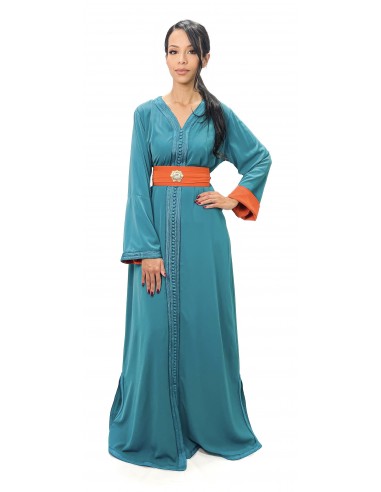 Caftan Robe orientale pas cher vert doublure ceinture orange - 1