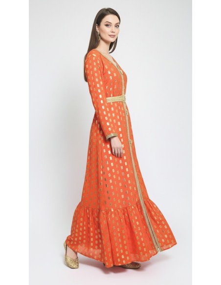 Robe longue Tlija orange et dorée – Tenue orientale de cérémonie  - 1