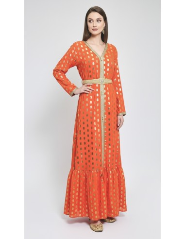 Robe longue Tlija orange et dorée – Tenue orientale de cérémonie  - 2