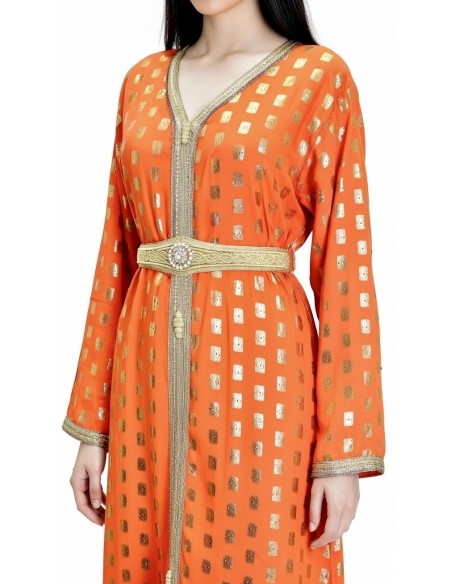 Robe longue Tlija orange et dorée – Tenue orientale de cérémonie  - 3