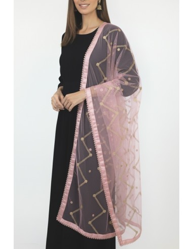 Dupatta chale etole indienne rose clair sequins doré  - 1