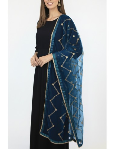Dupatta chale etole indienne bleu paon sequins doré  - 1