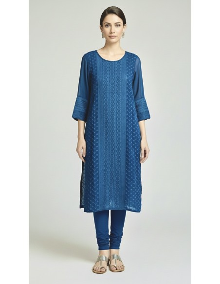 Tunique indienne longue Bleu paon  - 1