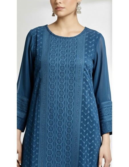 Tunique indienne longue Bleu paon  - 2