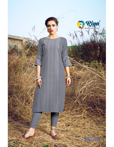Tunique indienne longue kurti Gris brode  - 3