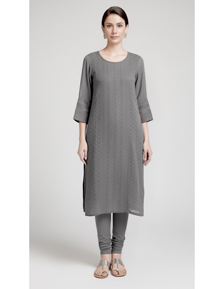 Tunique indienne longue kurti Gris brode  - 1