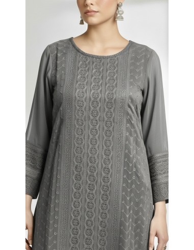Tunique indienne longue kurti Gris brode  - 2