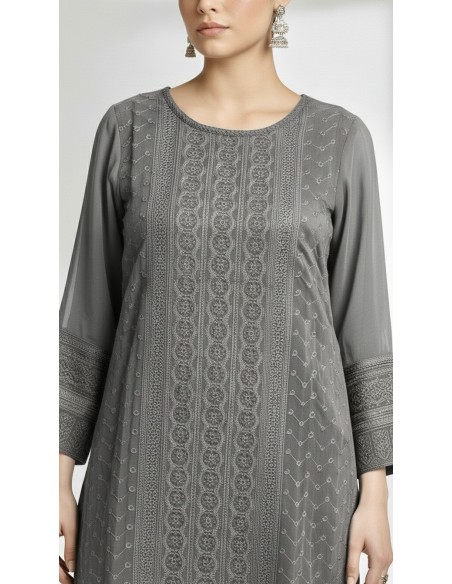 Tunique indienne longue kurti Gris brode  - 2