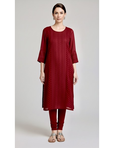 Tunique indienne Kurti longue Rouge foncé  - 1