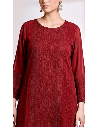 Tunique indienne Kurti longue Rouge foncé  - 2