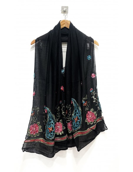 Écharpe noir indienne brodée motifs parsley foulard indienne ethnique - 1