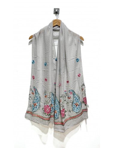 Écharpe gris clair indienne brodée motifs parsley foulard indienne ethnique - 1