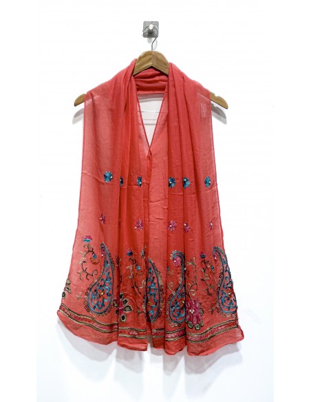 Écharpe corail indienne brodée motifs parsley foulard indienne ethnique - 1