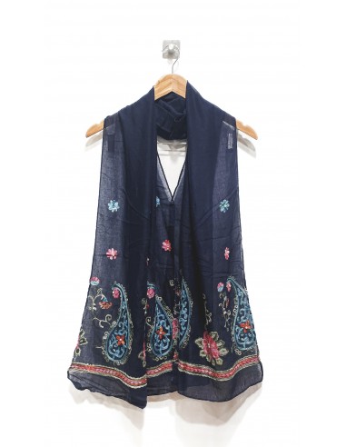 Écharpe bleu marine indienne brodée motifs parsley foulard indienne ethnique - 1