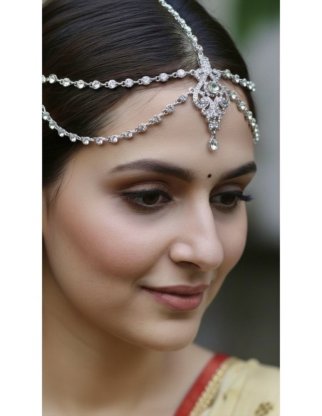 Bijou de tête indien argenté Maang Tikka – Accessoire mariage oriental et cérémonie femme  - 2