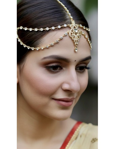 Bijou de tête indien doré Maang Tikka – Accessoire mariage oriental et cérémonie femme  - 2