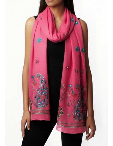 Écharpe rose indienne brodée motifs parsley foulard indienne ethnique - 3