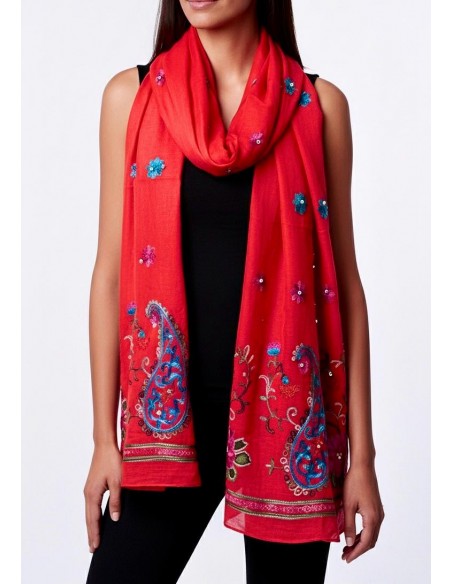 Écharpe corail indienne brodée motifs parsley foulard indienne ethnique - 3