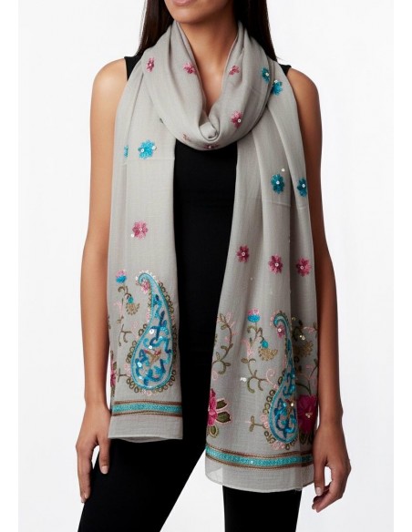 Écharpe gris clair indienne brodée motifs parsley foulard indienne ethnique - 3
