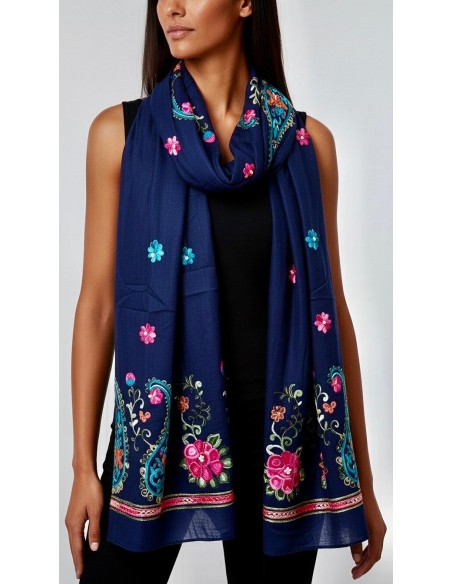 Écharpe bleu marine indienne brodée motifs parsley foulard indienne ethnique - 3
