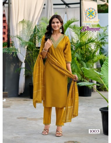 Tenue Indienne Femme 3 Pièces – Kurti Brodé – Pantalon + Dupatta Moutarde dorée - 1