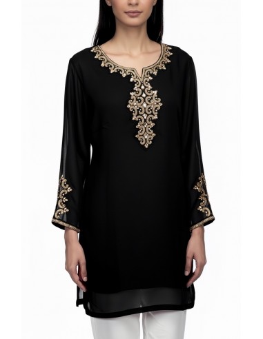 Tunique indienne noire– Perles & dorures luxe, style élégance orientale - 1