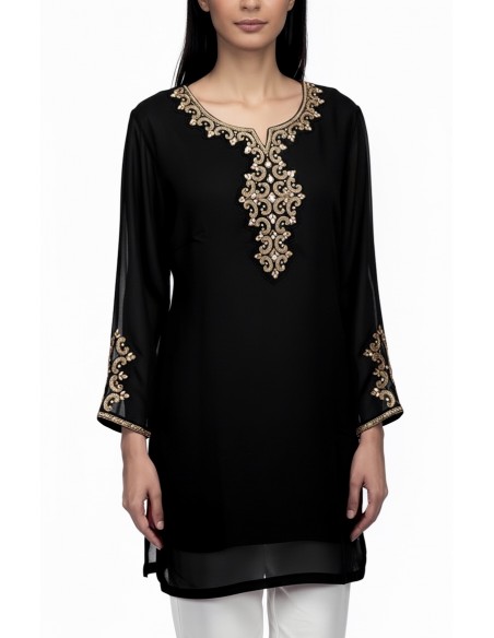 Tunique indienne noire– Perles & dorures luxe, style élégance orientale - 1