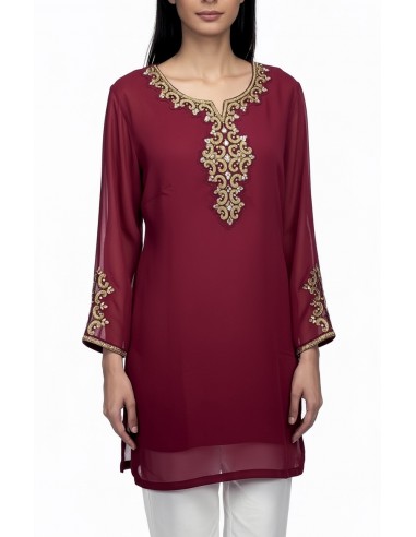 Tunique indienne bordeaux– Perles & dorures luxe, style élégance orientale - 1