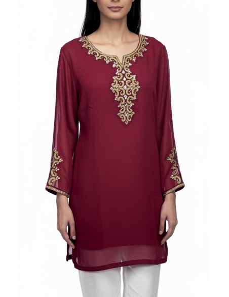 Tunique indienne bordeaux– Perles & dorures luxe, style élégance orientale - 1