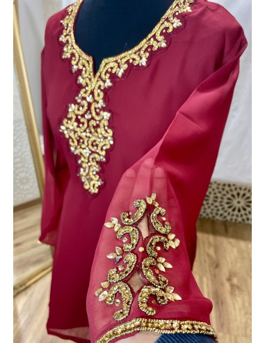 Tunique indienne bordeaux– Perles & dorures luxe, style élégance orientale - 2