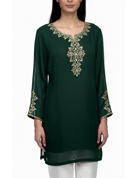 Tunique indienne vert– Perles & dorures luxe, style élégance orientale - 1