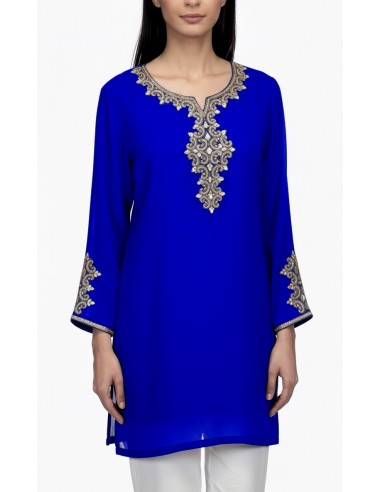 Tunique indienne Bleu Electrique – Perles & dorures luxe, style élégance orientale - 1