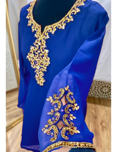 Tunique indienne Bleu Electrique – Perles & dorures luxe, style élégance orientale - 2