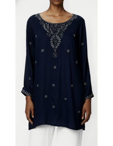 Tunique indienne brodée femme Bleu marine – Kurti perlée femme – Chic, léger & confortable - 1
