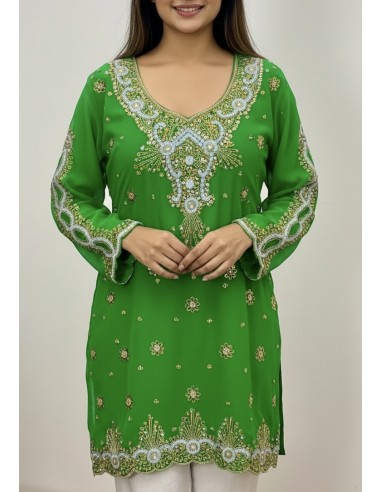Kurti indienne brodée Vert Claire – Tunique orientale femme perles & strass – Grande taille - 1