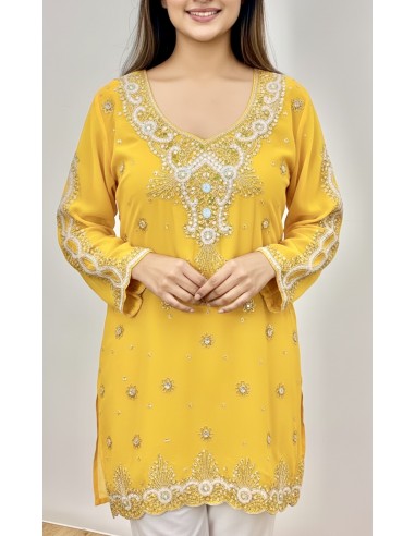 Kurti indienne brodée Jaune – Tunique orientale femme perles & strass – Grande taille - 1