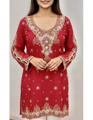 Kurti indienne brodée Rouge – Tunique orientale femme perles & strass – Grande taille - 1