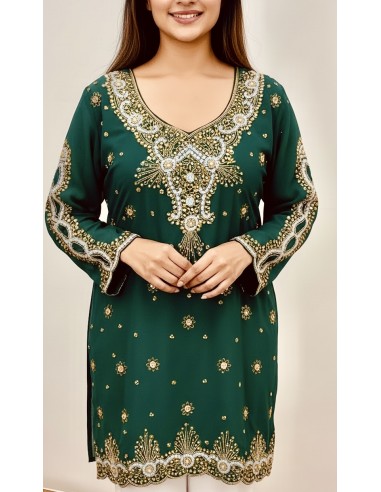 Kurti indienne brodée Vert – Tunique orientale femme perles & strass – Grande taille - 1