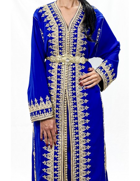 Caftan Marocain Luxe Bleu Royal 2 Pièces – Broderies Dorées & Ceinture Incluse - 2