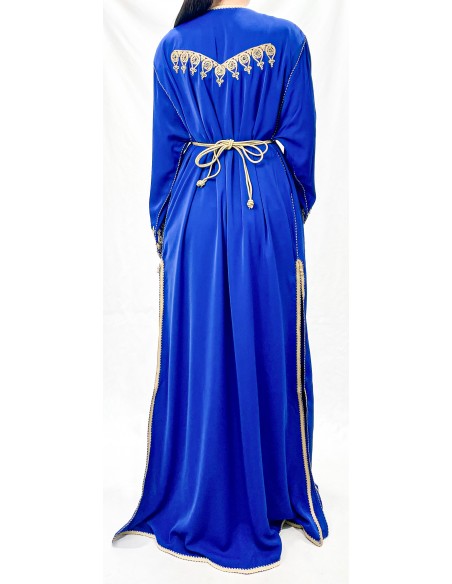 Caftan Marocain Luxe Bleu Royal 2 Pièces – Broderies Dorées & Ceinture Incluse - 3