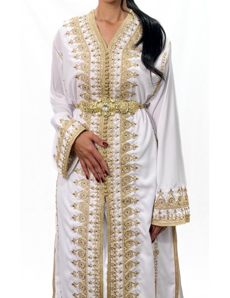 Caftan Marocain Luxe Blanc 2 Pièces – Broderies Dorées & Ceinture Incluse - 2