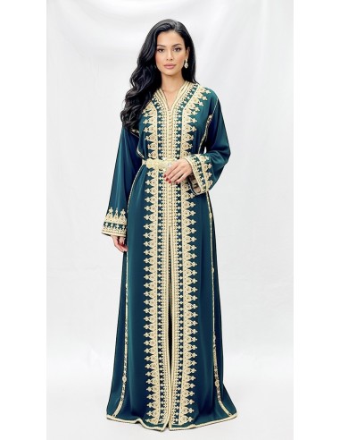 Caftan Marocain Luxe vert 2 Pièces – Broderies Dorées & Ceinture Incluse - 1