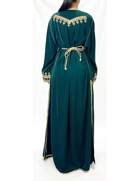 Caftan Marocain Luxe vert 2 Pièces – Broderies Dorées & Ceinture Incluse - 3