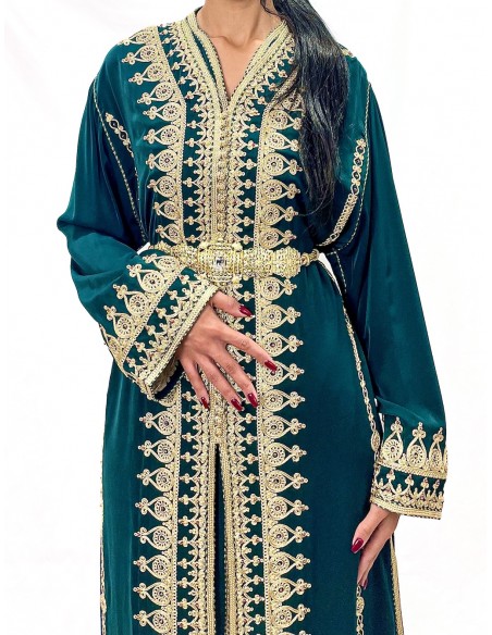 Caftan Marocain Luxe vert 2 Pièces – Broderies Dorées & Ceinture Incluse - 2