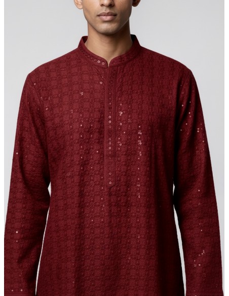 Kurta Homme Bordeaux Brodé – Tenue Traditionnelle Indienne Chic - 1