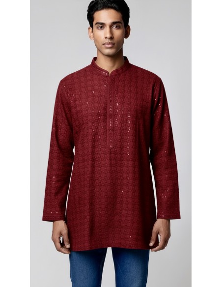 Kurta Homme Bordeaux Brodé – Tenue Traditionnelle Indienne Chic - 2