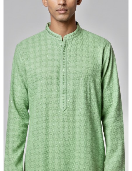 Kurta Homme vert anis Brodé – Tenue Traditionnelle Indienne Chic - 1