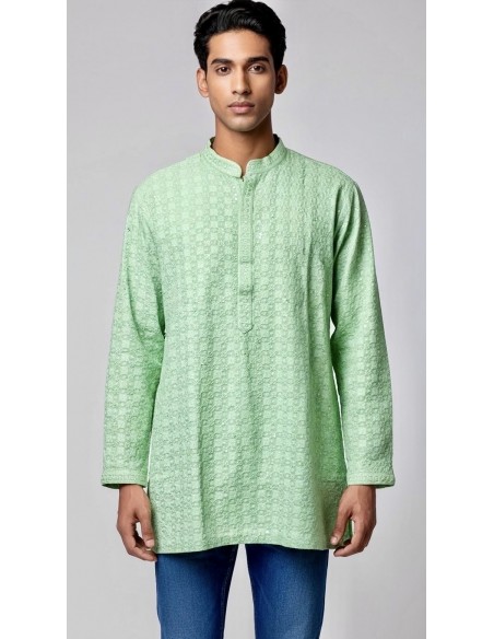 Kurta Homme vert anis Brodé – Tenue Traditionnelle Indienne Chic - 2