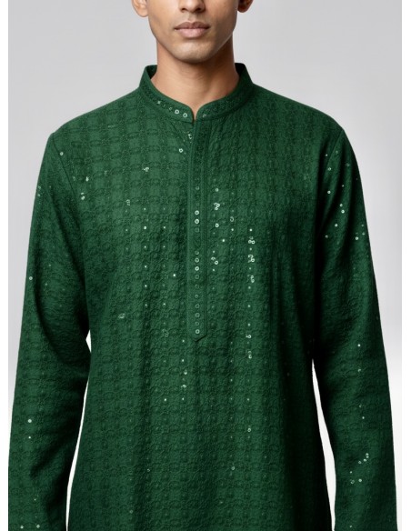 Kurta Homme vert Brodé – Tenue Traditionnelle Indienne Chic - 1
